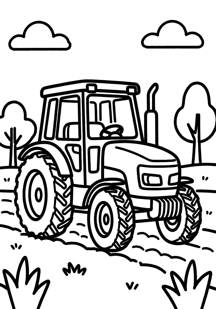Tractor coloring page — Full scene version