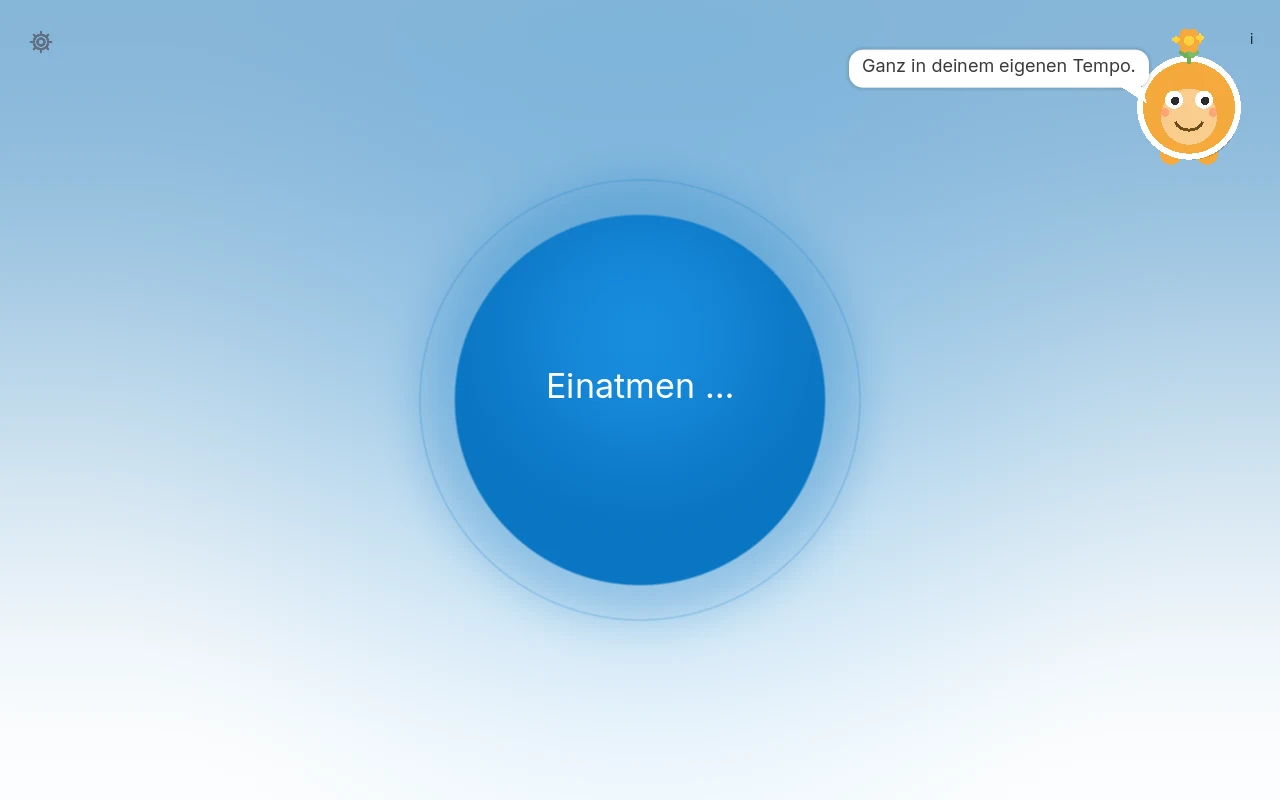 Atemkistli: eine grosse blaue Kugel aus Licht steht mitten im Bild vor einem hellen Himmelsverlauf, ein feiner Ring zeigt, wie weit das Einatmen führt; in der Mitte steht „Einatmen …“