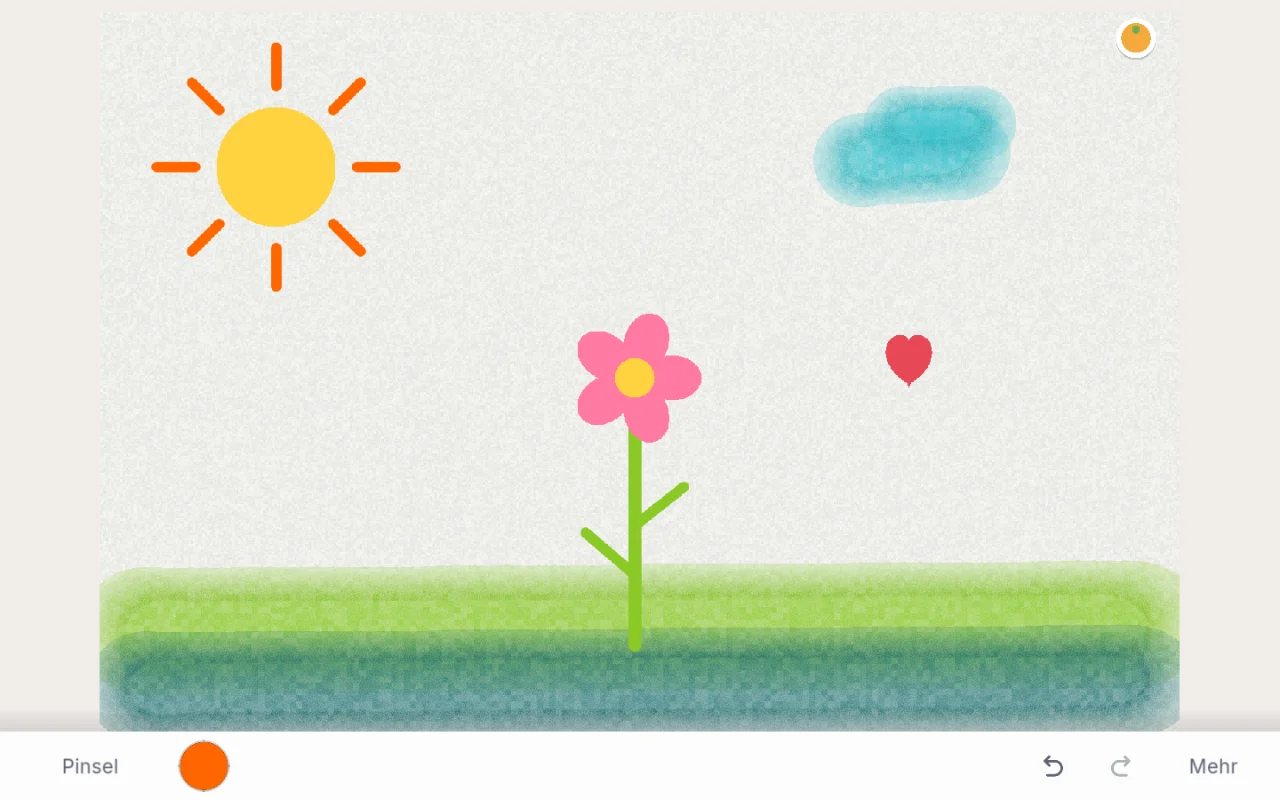 Malkistli: eine gemalte Wiese mit Sonne, blauer Wolke, rosa Blume und rotem Herz auf körnigem Papier, darunter die Werkzeugleiste mit Pinsel und Farbe